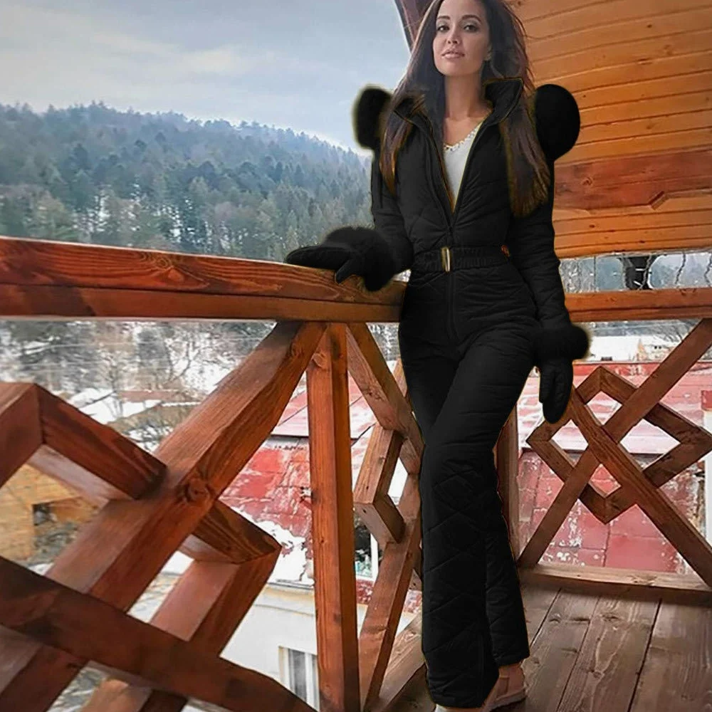 Traje de esquí para mujer, de una pieza, cálido, traje de nieve para mujer, mono de esquí para invierno, cálido, para esquiar, para exteriores, con capucha, cierre de cremallera, traje de esquí,