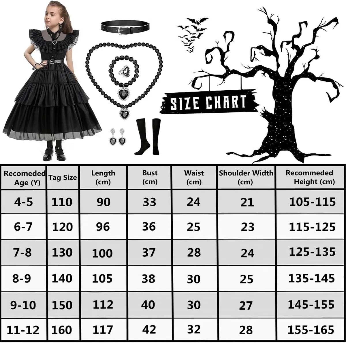 MeYuxg Disfraz de Miércoles para Niñas, Disfraz Miercoles de Carnaval para Niñas, Vestido Addans de Miércoles, Vestido Gótico de Lolita para Niñas, Disfraz Miércoles para Cosplay, Halloween