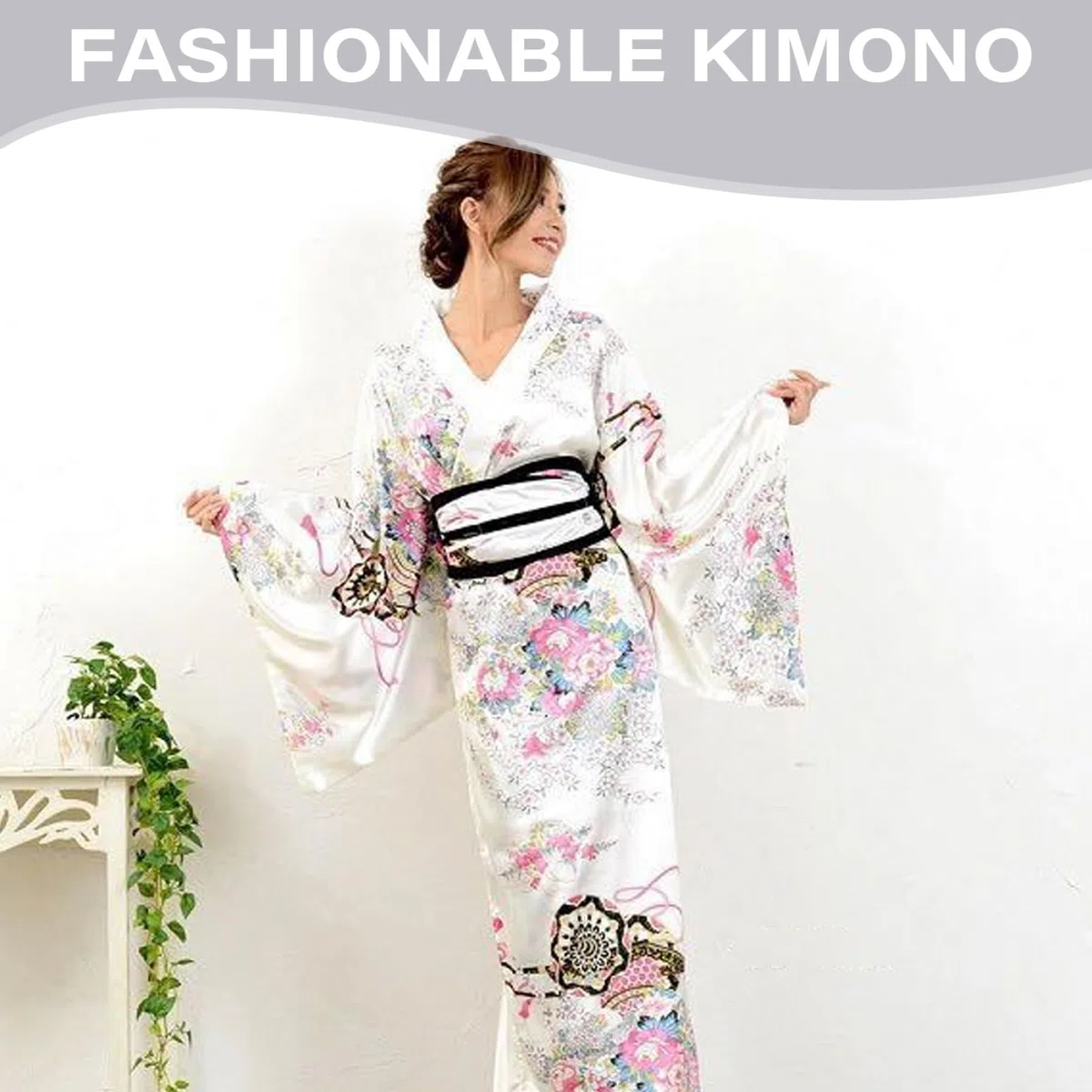 Yukata para Mujer, Kimono japonés con Estampado Floral, Sedoso, cómodo y Agradable para la Piel, con cinturón, Estilo Tradicional de Kioto, Ideal para Fiestas, Cosplay y Accesorios (Blanco).