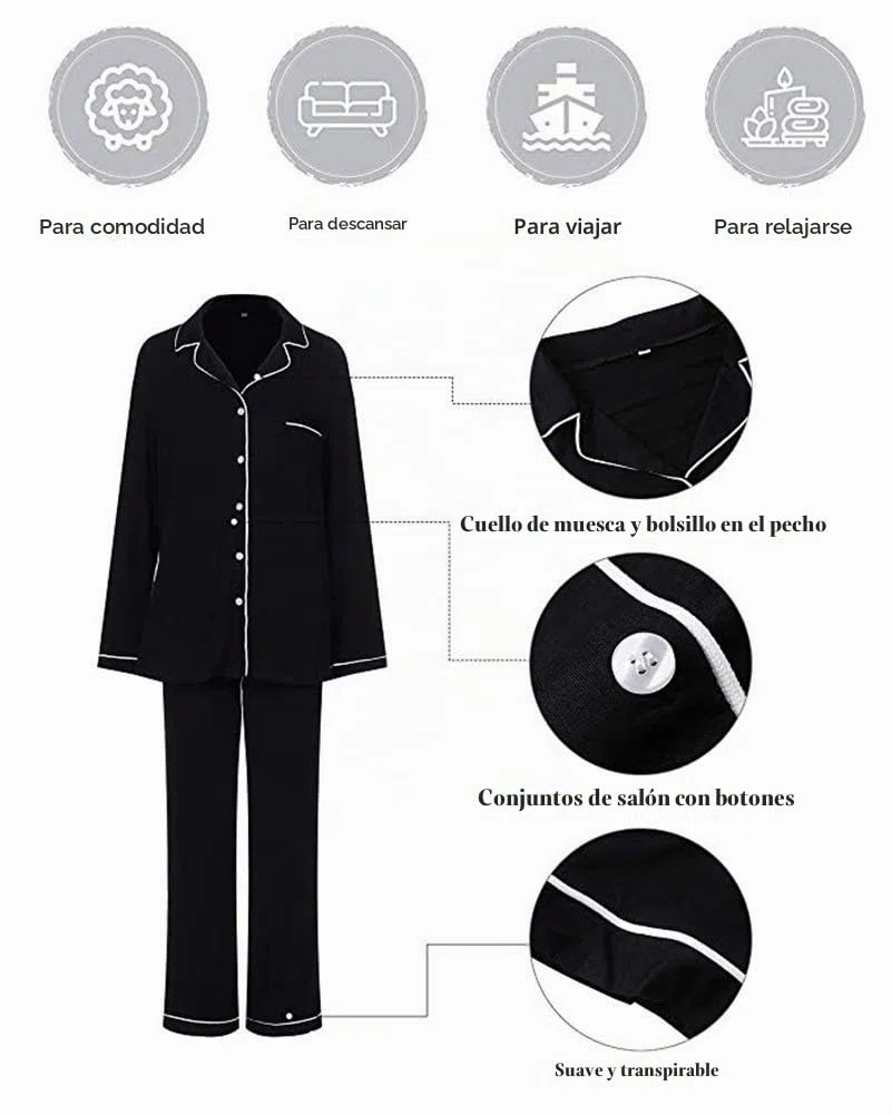 Conjunto de pijama para mujer, súper suave, de manga larga, con botones, ropa de dormir para descansar