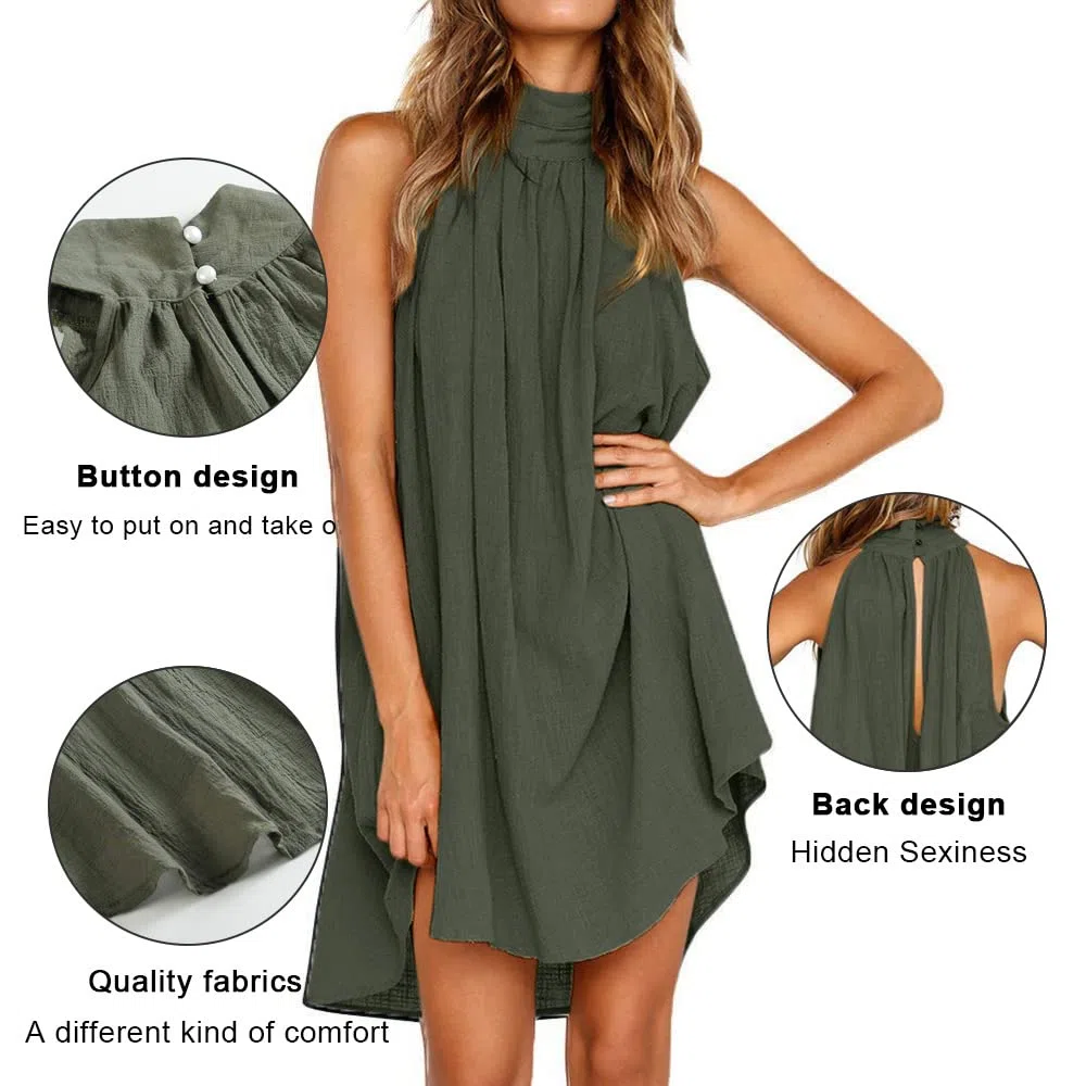 Vestido Elegante Mujer Vestido Sin Mangas Vestido Corta Casual Gasa Top Cuello Redondo Blusa Informal Casual Dress