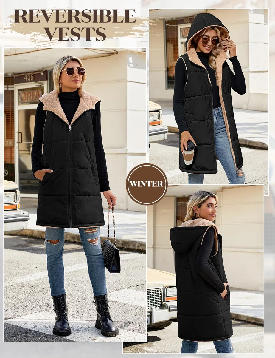 Tuopuda Chaleco Acolchado Mujer con Capucha Chaqueta de Larga Sin Mangas con Cremallera Cálidos Chaleco de Forro polar Invierno Outwear con Bolsillos
