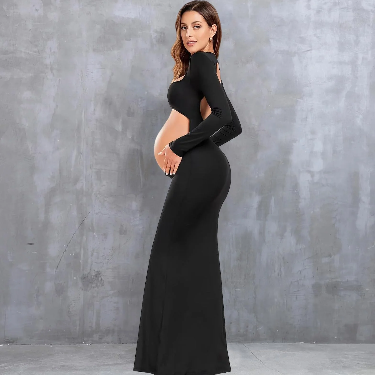 Vestido Largo de Maternidad Mujer para Fotografia Vestidos Premamá Falda Larga Manga Cuello Cuadrado Vestidos de Embarazo Shooting Foto sin Espalda Maxi Vestido de Fiesta