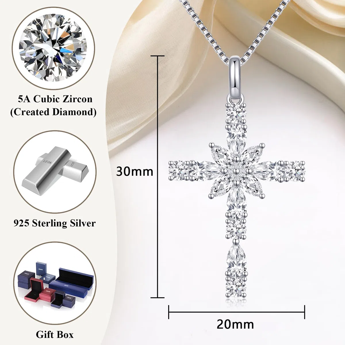 Placcato oro bianco 18 carati Collar Cruz Mujer Plata s925 Cadena de Plata 925 Colgante para Mujere y Damas