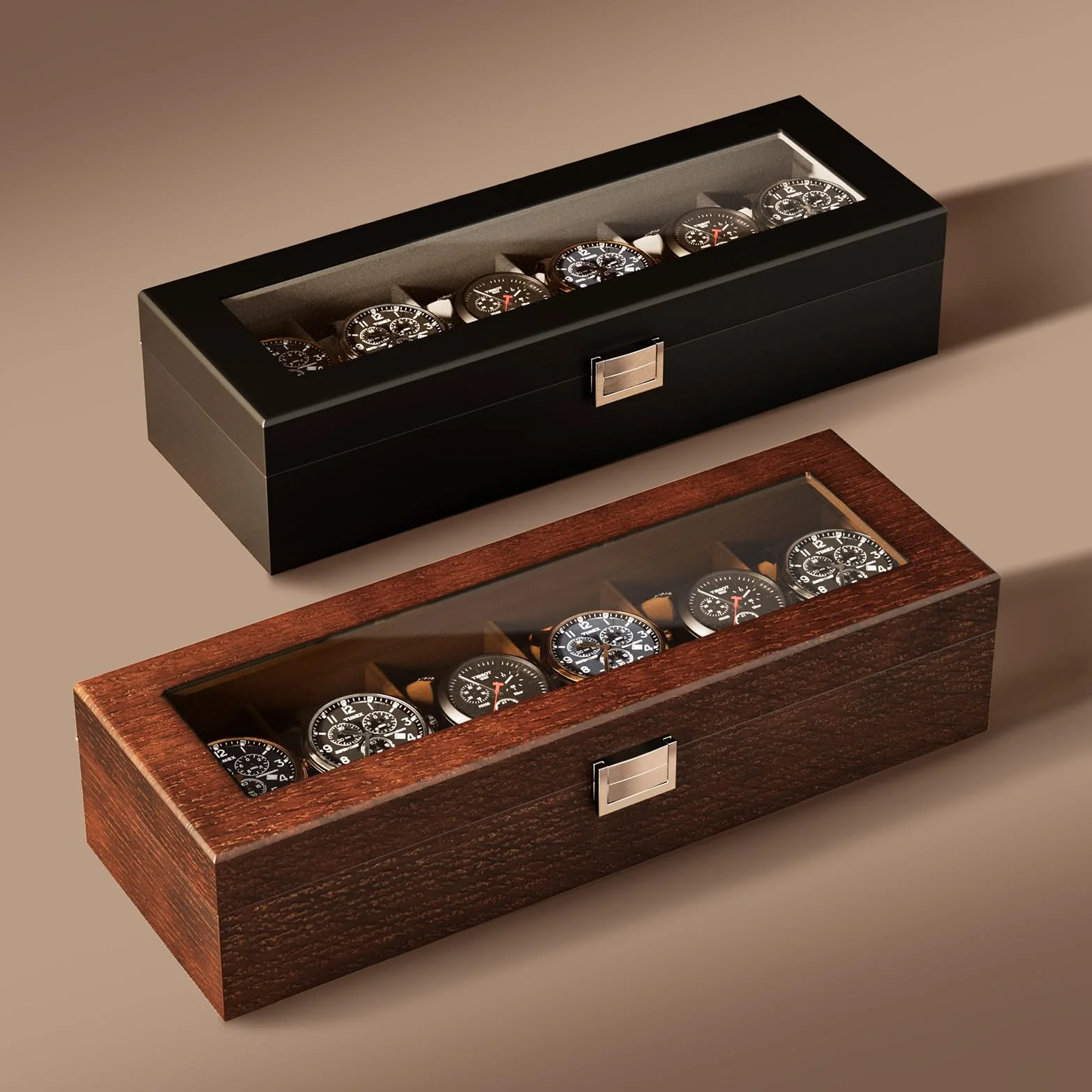 ProCase Caja para Relojes de 6 Ranuras, Funda Organizadora de Reloj con Tapa de Cristal, Estuche de Almacenamiento para Hombres y Mujeres -Marrón