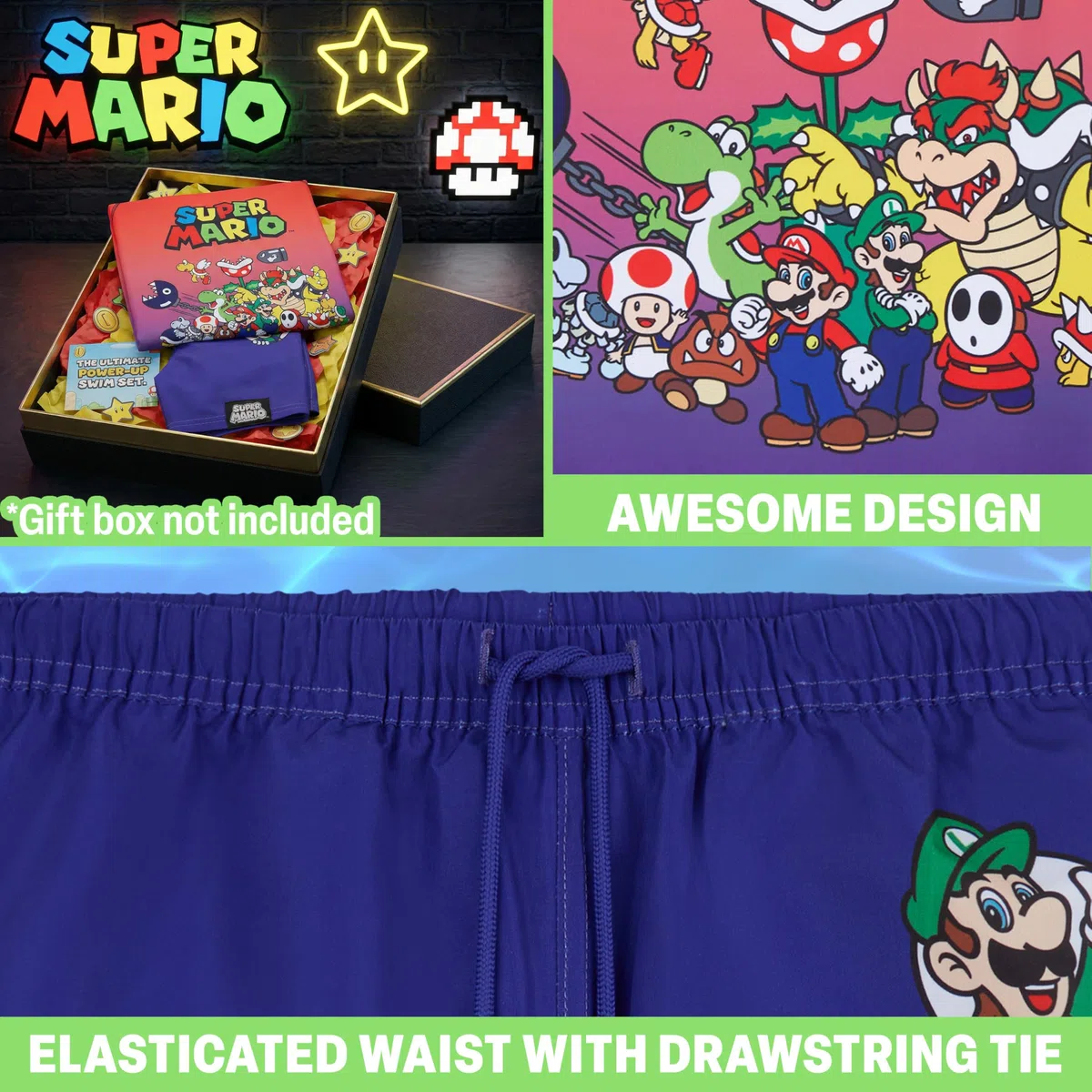 Get Trend Super Mario Conjunto Niño de Baño 7-13 Años, Camiseta Manga Corta UPF 50+ y Bañador Niño, Regalo para Piscina Playa