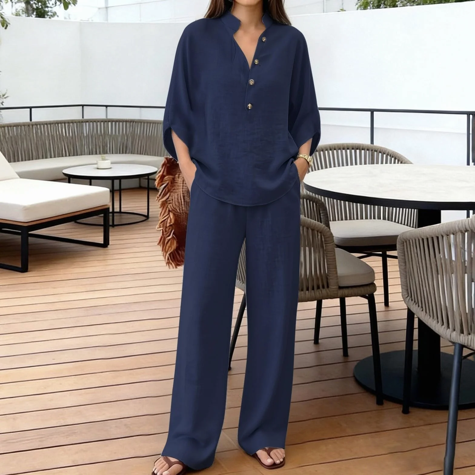 Summer Co Ord - Conjuntos de 2 piezas para mujer, ropa de algodón y lino, cuello en V, manga 3/4, pantalones de pierna ancha con bolsillo, conjuntos de ropa de descanso para mujer