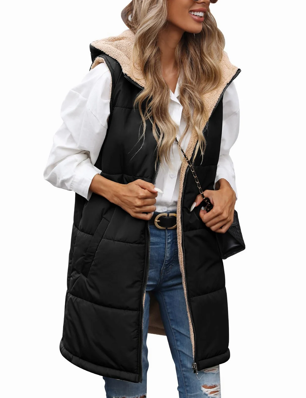 Tuopuda Chaleco Acolchado Mujer con Capucha Chaqueta de Larga Sin Mangas con Cremallera Cálidos Chaleco de Forro polar Invierno Outwear con Bolsillos