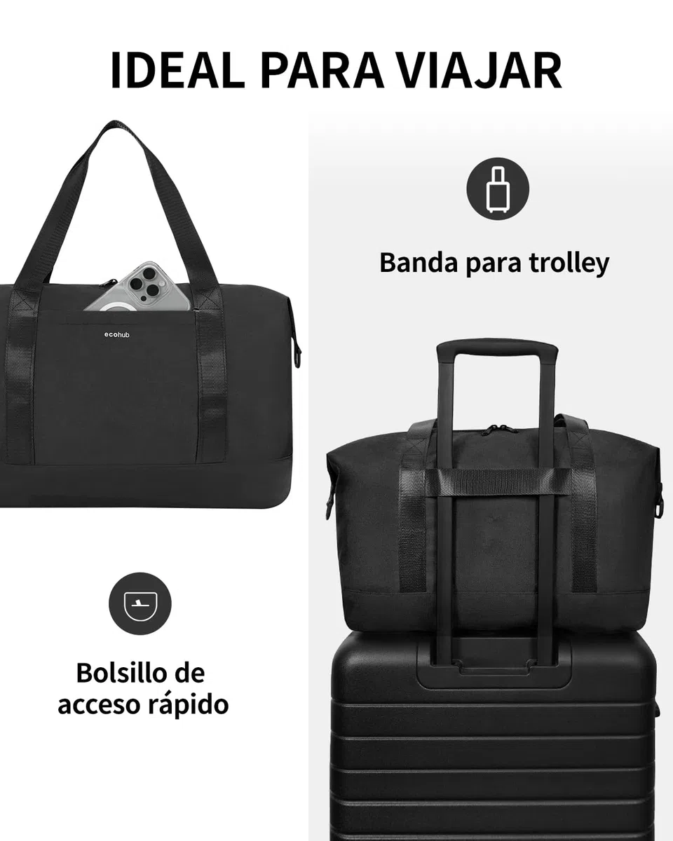 ECOHUB Bolsa de Viaje 40x30x20, para Ryanair Vueling Wizzair, Equipaje de Mano Impermeable, Bolsos Plegable con Húmedo Extraíble, Bolsas Deporte Gimnasio Mujer, Patente Pendiente 24L (Negro)