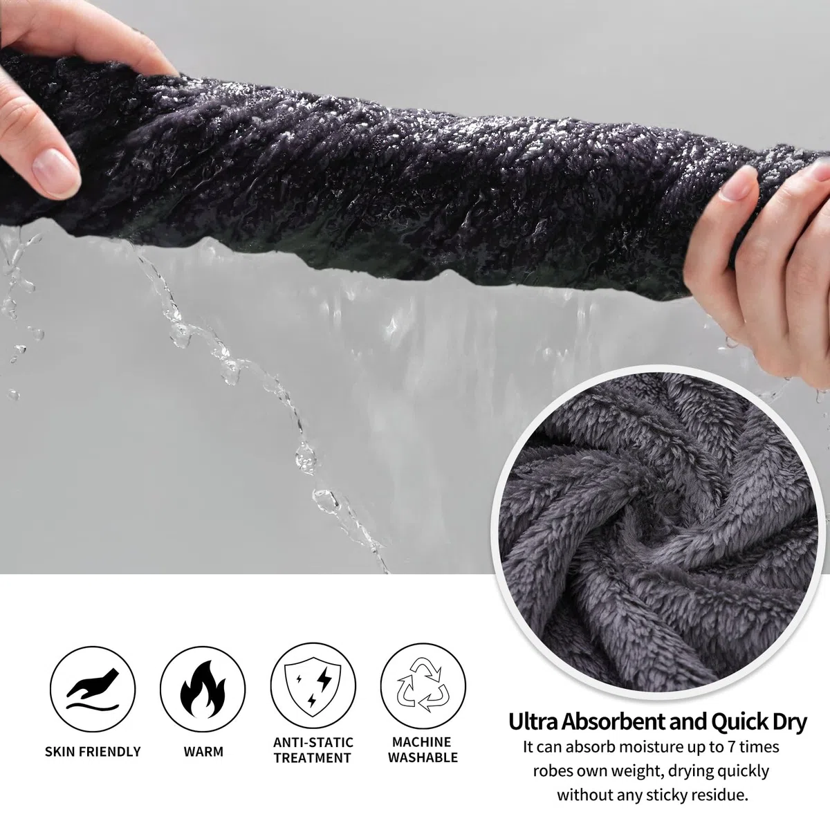 Inner Wish Bata de baño de forro polar de felpa para hombre, acogedora y cálida, bata larga de spa con bolsillos (gris oscuro)