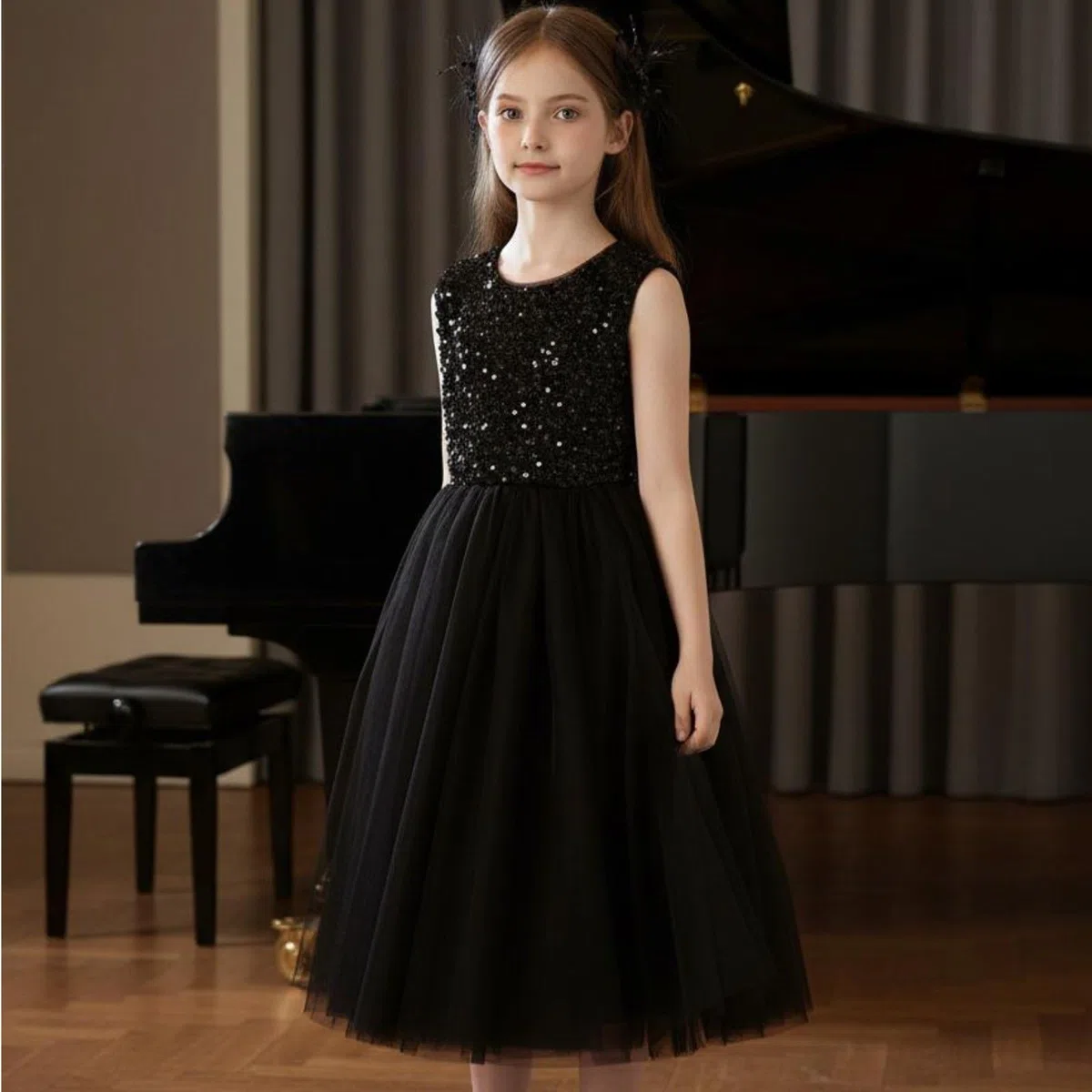 predolo Vestido de Actuación sin Mangas Brillante Vestido de Fiesta Negro Infantil Diseño Elegante para Bodas