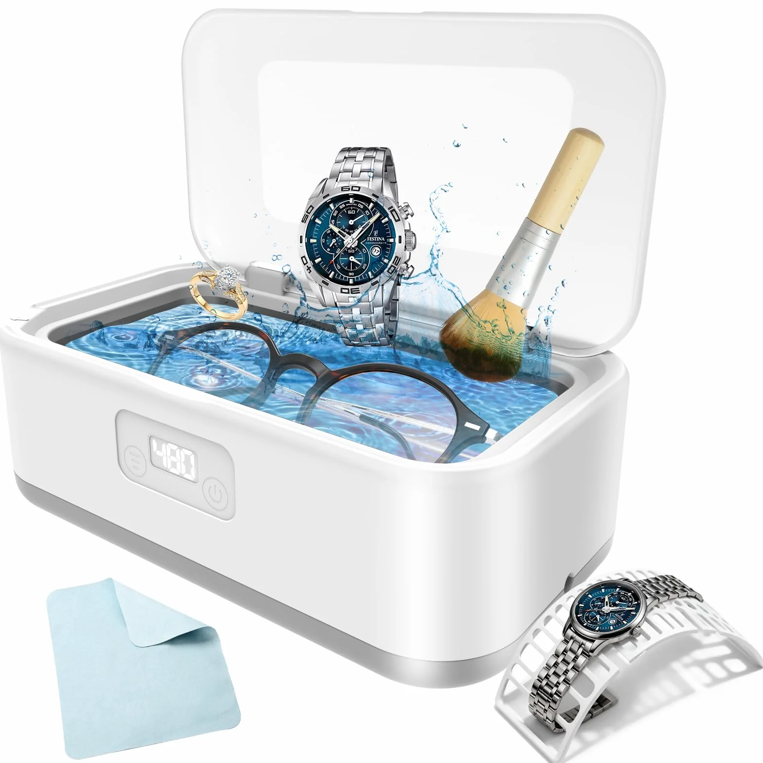 Limpiador Ultrasonidos Olubfdh,800 ml Ultrasonidos Limpieza,49000 HZ Limpiador Ultrasónico Joyas con 5 Modos de Tiempo para Relojes,Joyas,Joyas,Anillos,Relojes,Gafas,Dentaduras Postizas