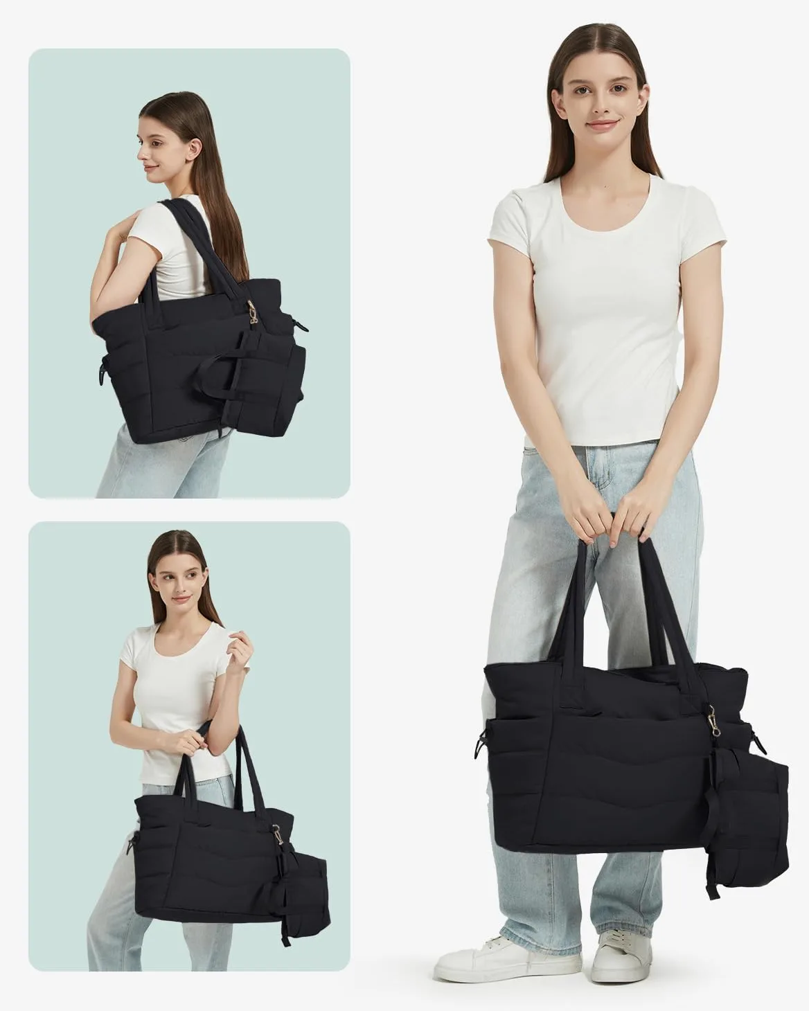 Bolso Tote Mujer Acolchado 2 Piezas, Bolso Shopper Grande con Compartimento para Ordenador 15.6" y Portabotellas Aislante 40oz, Ideal para Oficina, Universidad, Viaje y Uso Diario (Diseño Patentado)