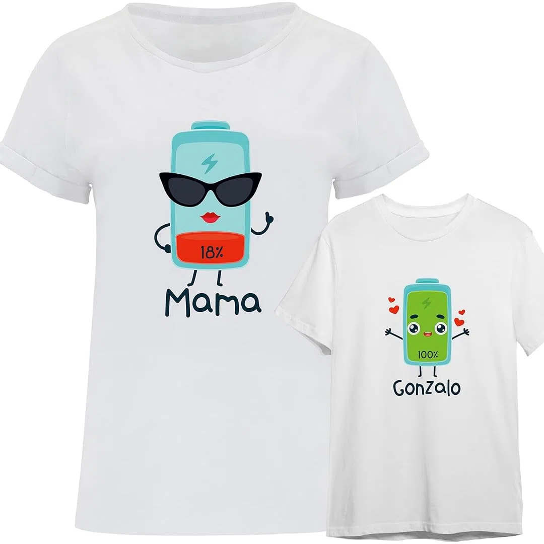 Evyre | Camisetas Personalizadas Regalo Día de la Madre | 100% Algodón | Camiseta Personalizada Mujer + Body Bebe o Camiseta Niña/Niño | Diseño Batería, Energía | Regalos para Mamá e Hijos Originales