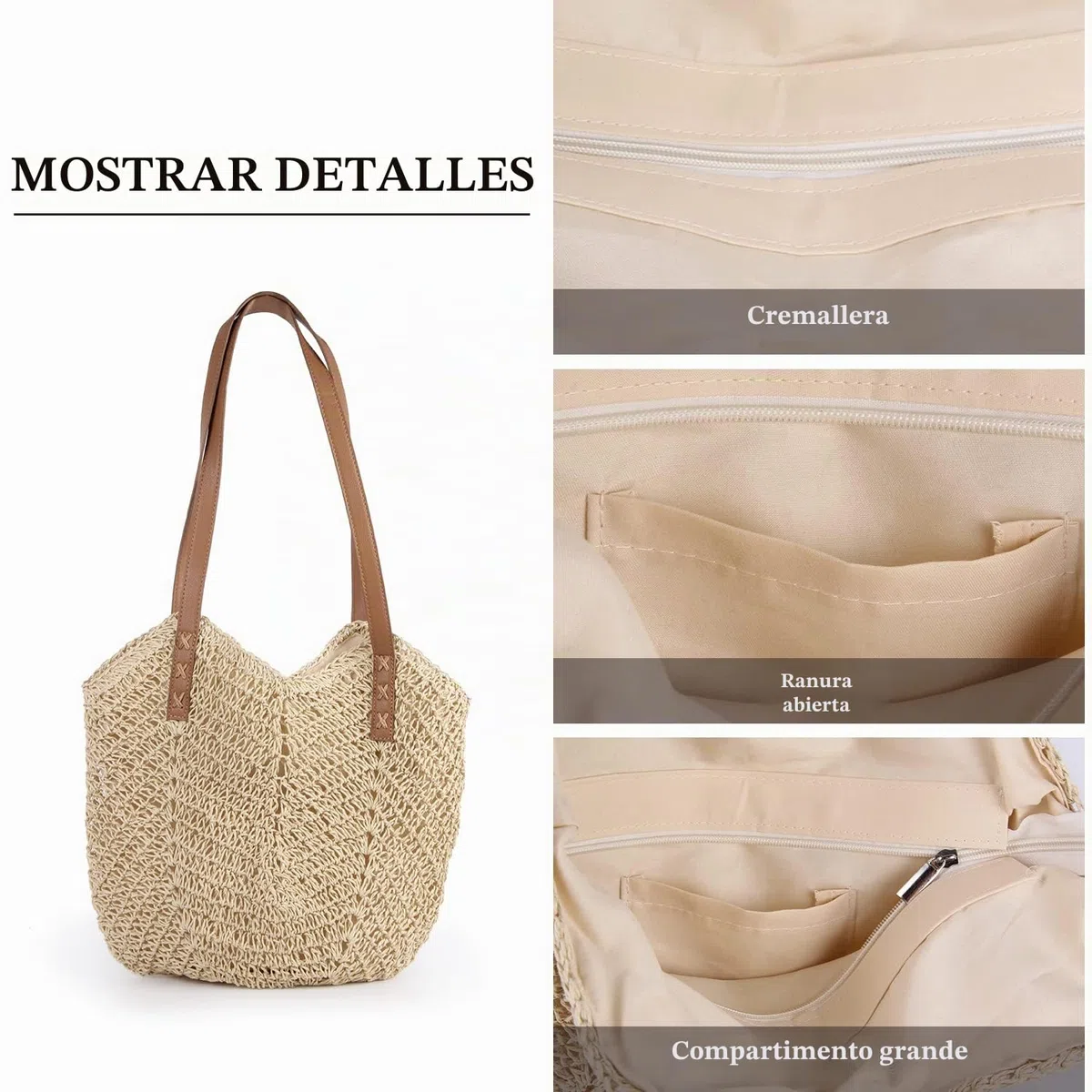 Bolso de Hombro de Paja para Mujer, Tejido a Mano, Bolso de Mano con Asa, de Playa de Verano, Cruzado Bohemio con Monedero