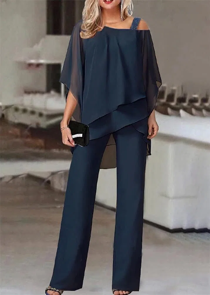 Generisch Traje de pantalón para mujer, elegante, vintage, juego de 2 piezas, traje de noche con tul, camiseta de gasa de dos piezas, camiseta de gasa y cintura alta, cóctel festivo, traje de pantalón