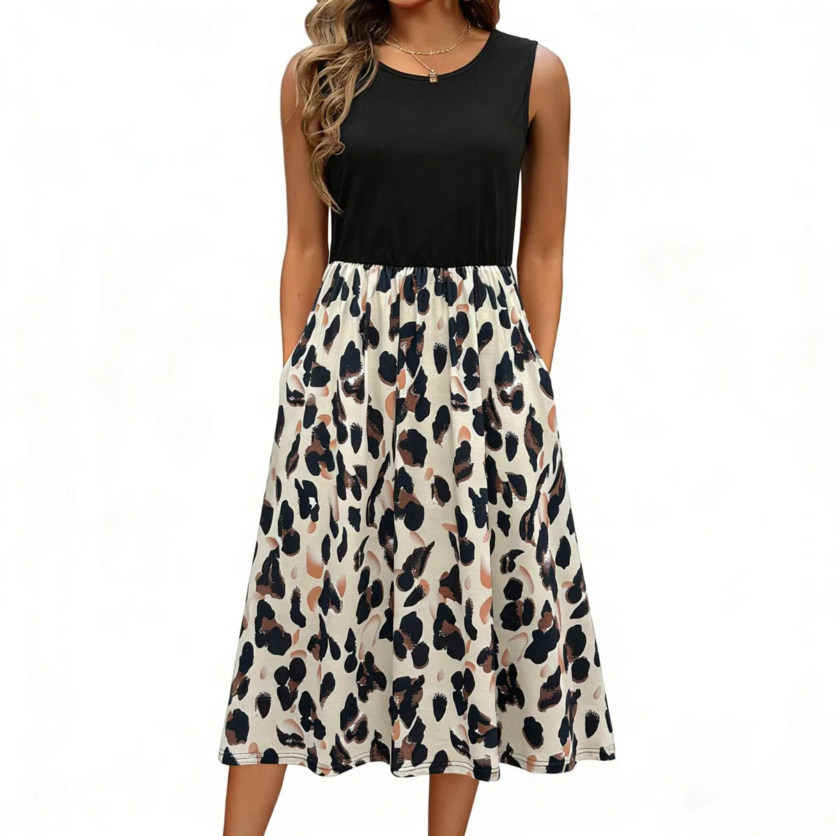 Vestidos Verano Mujer Sin Mangas Cuello Redondo Floral LíNea A LíNea Midi Swing Playa Vestido con Bolsillos