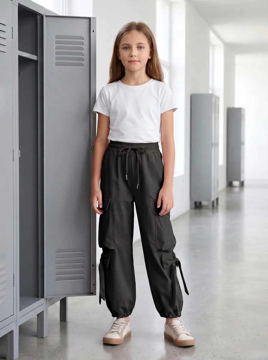 JiAmy Pantalones cargo holgados para niñas, cintura elástica con lazo, pierna ancha, transpirables, Y2K, pantalones deportivos casuales para verano, para baile, escuela, jugar, 5-14 años