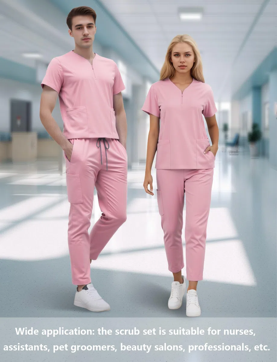 Unisex Scrub Set Slip-On Enfermera Túnica Zip Up Manga Corta Cuello de Pico Túnica Pantalones Trajes Uniformes Médicos con Parte Superior y Pantalones Ropa de Trabajo Hospital