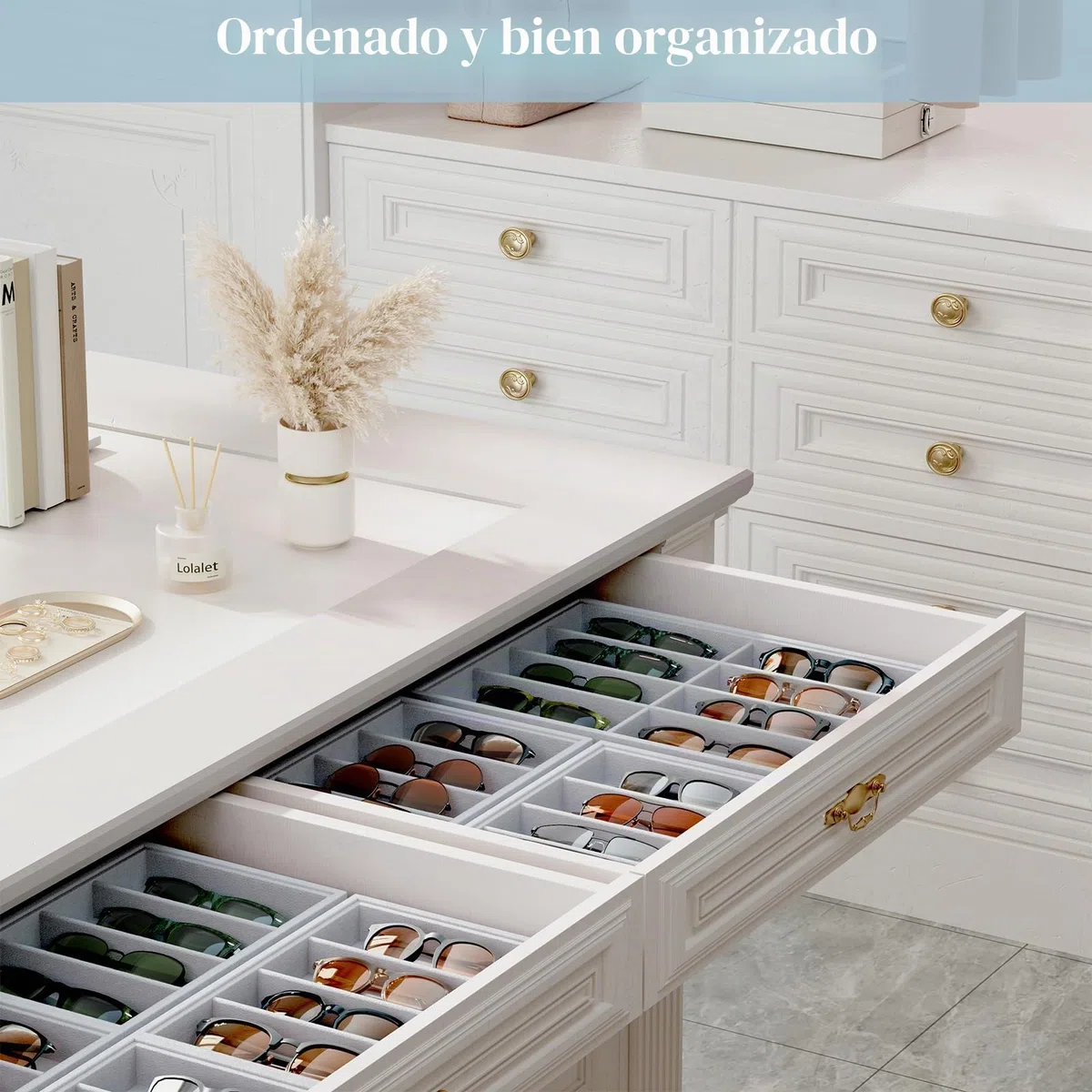Lolalet Bandeja Organizador de Gafas de Sol, 8 Compartimentos para Gafas de Ante, Estante de Almacenaje para Gafas de Sol para Mujeres y Hombres
