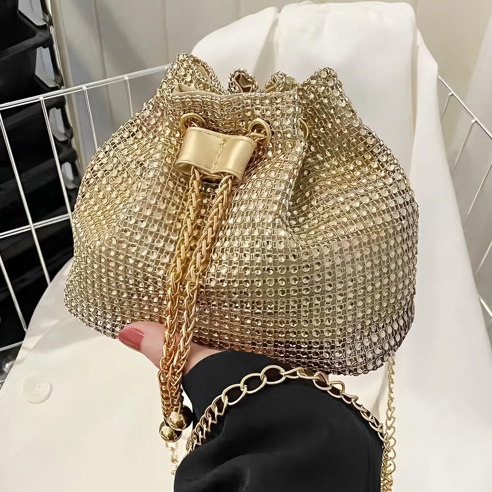 Bolso Mujer con Brillantes Diamantes Elegante de Noche Clutch con Cadena para Fiestas Bodas Banquete(Oro)