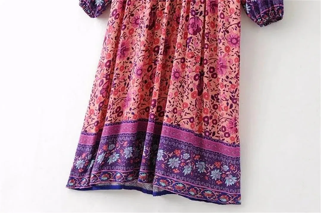 Vestido largo midi de rayón bohemio con estampado floral y cuello en V y manga larga con borlas para mujer