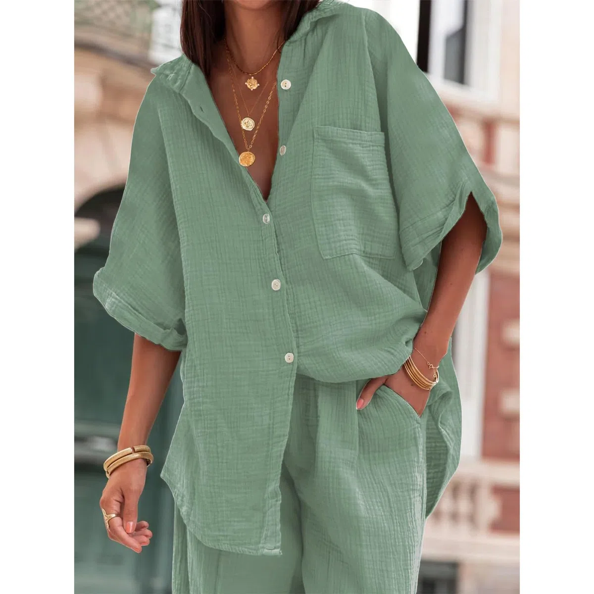 amropi Mujer Conjunto de Manga Corta Botones Camisa y Pantalones Anchos Casual Verano Loungewear