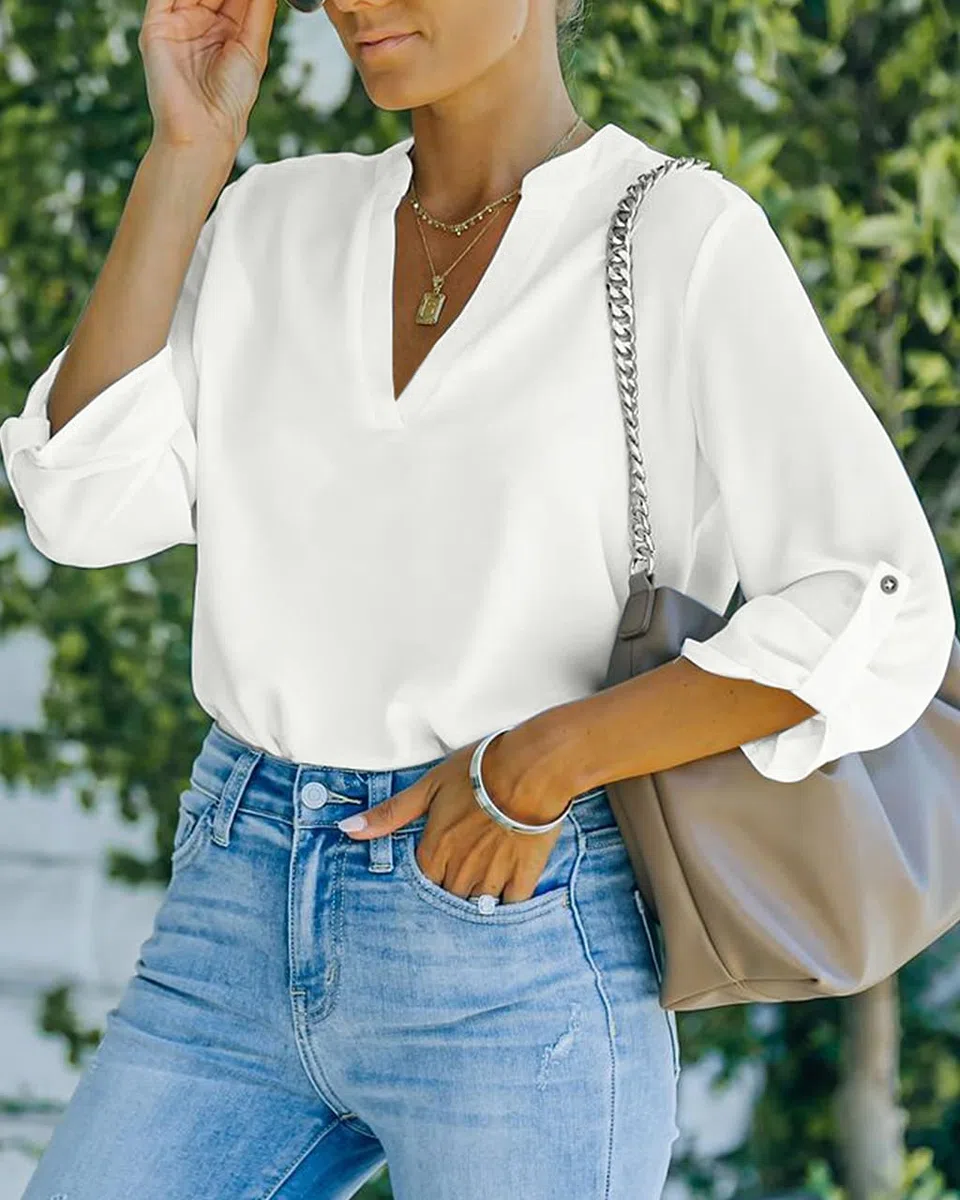 NONSAR Blusa elegante para mujer con cuello en V, blusa Henley con mangas que se pueden remangar, blusa suelta