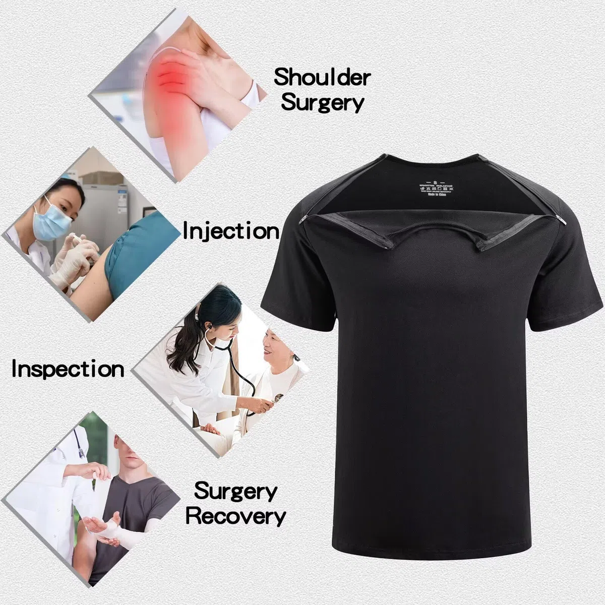 Landofgenie Camisetas Deportivas Unisex después de cirugía de Hombro para Hombre y Mujer, Camiseta Funcional con Cremalleras Laterales Izquierda y Derecha, Camisetas Activewear, Negro