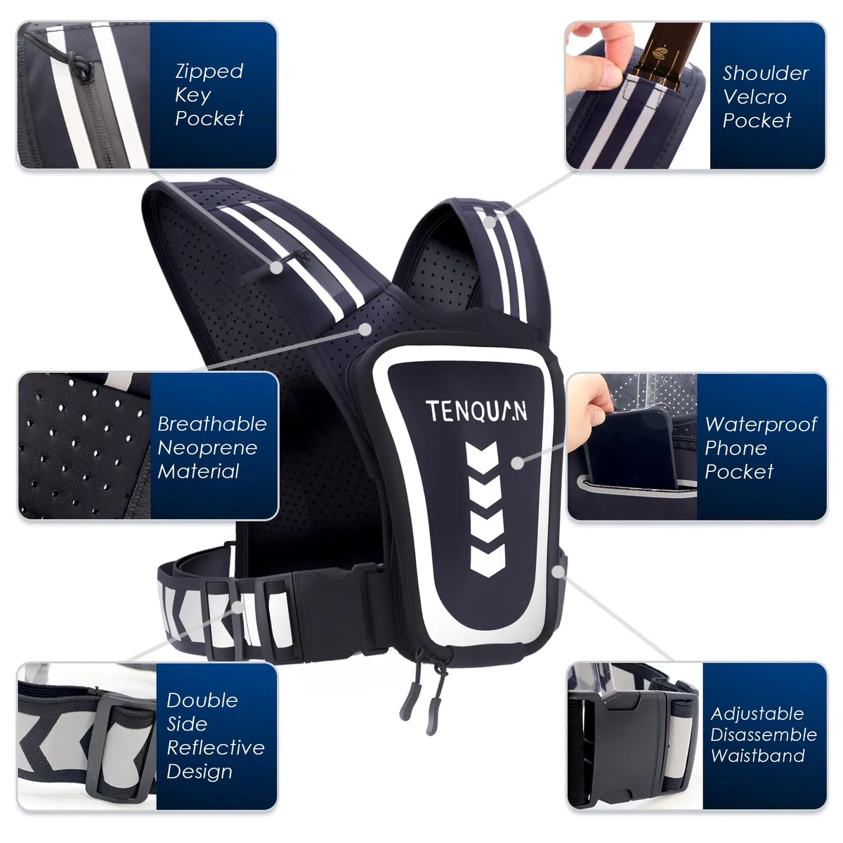 Chaleco para correr, chaleco reflectante ajustable para teléfono con bolsa impermeable y soporte para llaves, chalecos ligeros para correr para hombres y mujeres (negro)