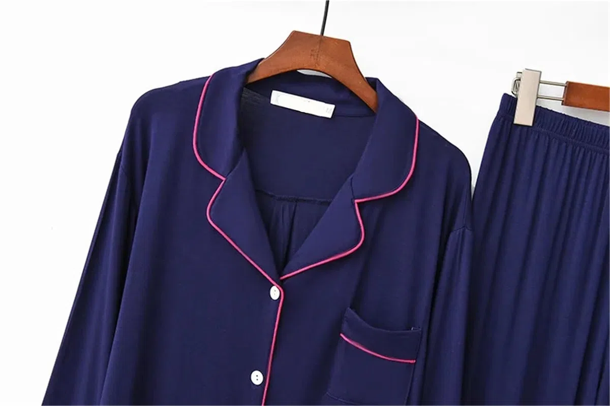 Pijamas para Mujer Conjuntos de Pijamas de Manga Larga for Mujer, Traje Liso Holgado, Transpirable y Suave, Ropa de casa cómoda(Dark Blue,M)