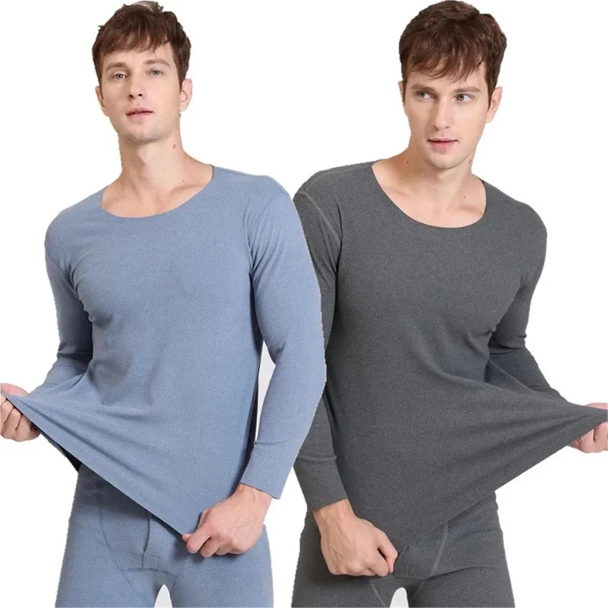 Conjuntos Térmicos Para Hombre Otoño Invierno ropa interior térmica de manga larga sin costuras for hombre talla grande cuello redondo ropa fina de otoño Top Para El Running, El Esquí(Black,7XL (135-1