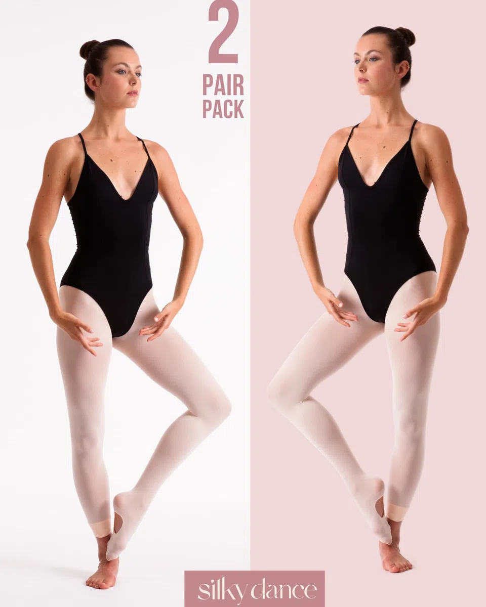 Silky Dance 2 pares de medias convertibles de ballet de danza, 60 denier, paquete múltiple para niñas, niños pequeños, adultos, mujeres, en rosa, rosa claro, blanco, negro, bronceado y bronceado claro