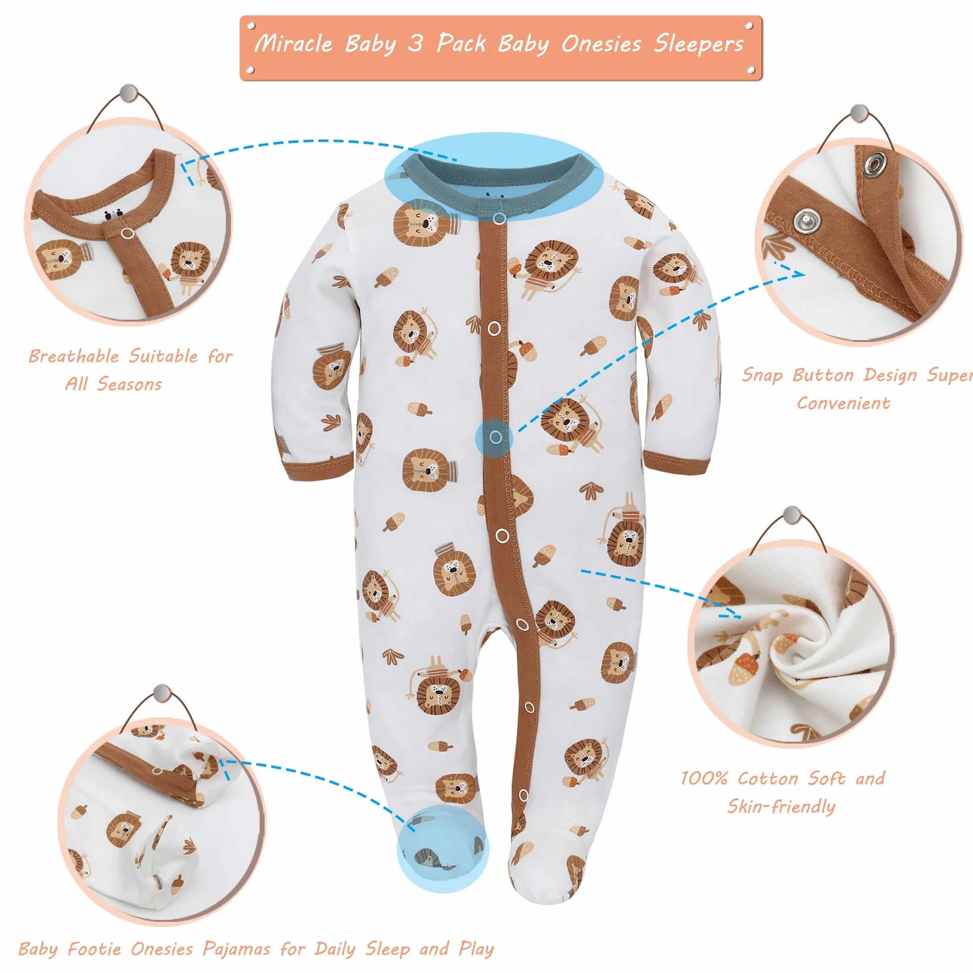 Miracle Baby Ropa para Dormir y Jugar con Pies Bebés Niña Pijama de Algodón Mameluco Niños Mono Manga Larga Trajes Pack de 3