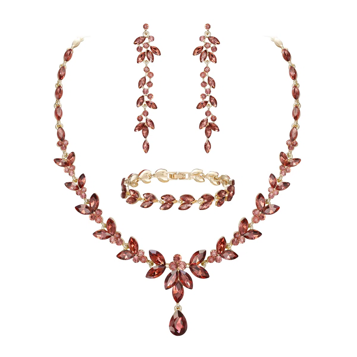 EVER FAITH Juegos de Joyas Mujer Cristal Austriaco Hoja Elegante Marquesa Conjunto de Collar Pendientes y Pulsera de Tenis para Boda