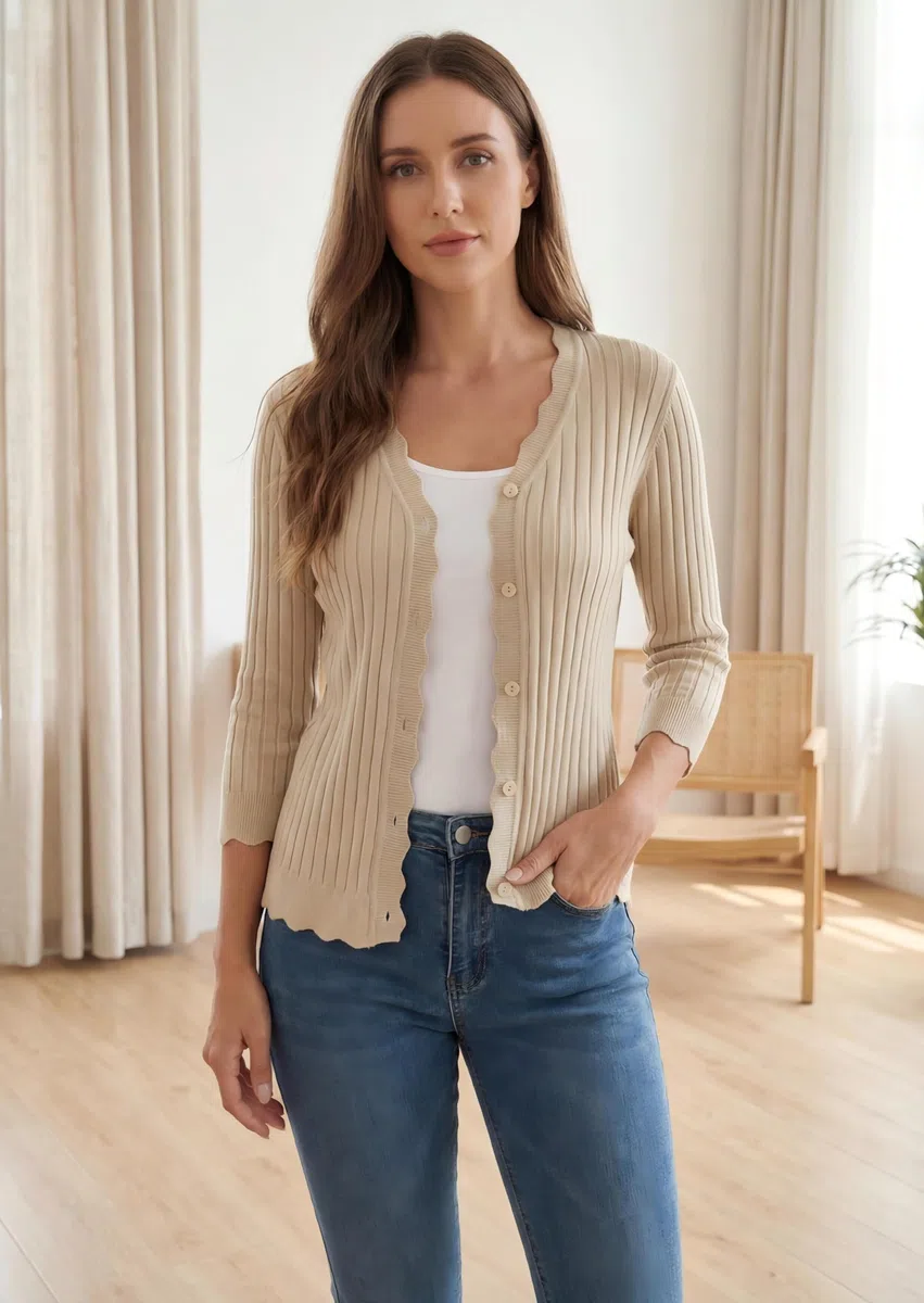 GRECERELLE Cárdigan para mujer con manga 3/4, elegante cárdigan con dobladillo ondulado, cuello en V, chaqueta ligera de punto acanalado para verano y entretiempo