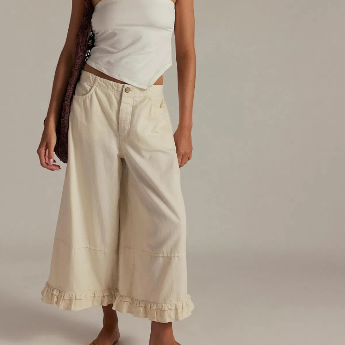 Jeans con dobladillo con volantes para mujer, tiro medio, pierna ancha, pantalones de mezclilla holgados con cintura elástica y bolsillos