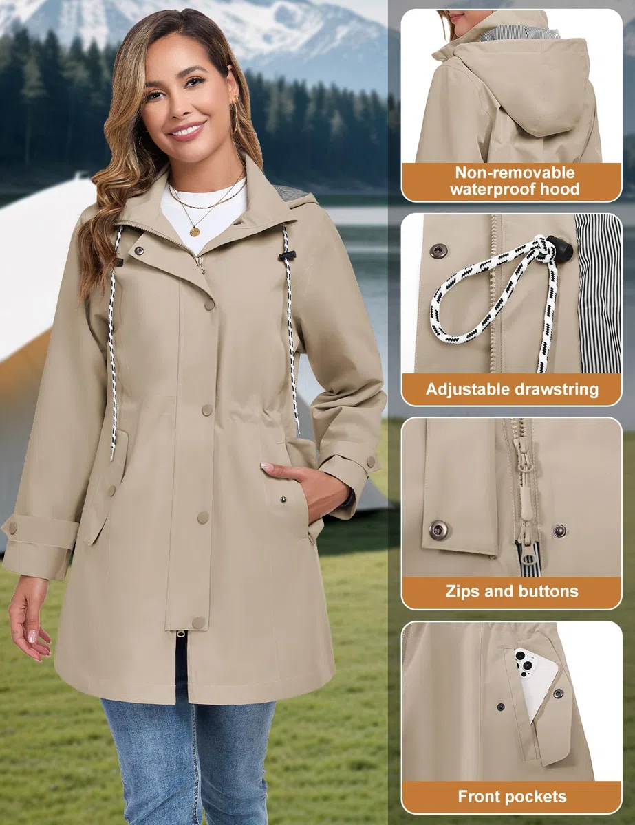 Chubasquero Mujer Impermeable Ligera Chaqueta lluvia Cortavientos con Capucha y Cremallera Abrigo Impermeables Primavera Otoño Gabardina para Exteriores