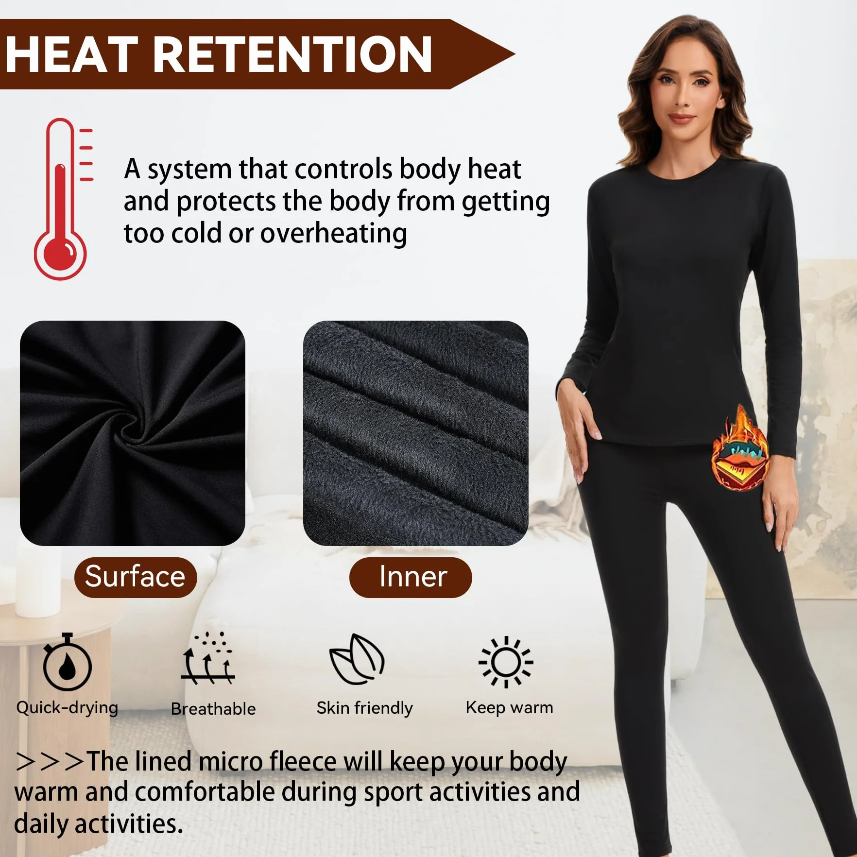 AMZSPORT Ropa Interior Térmica para Mujer - Conjunto de Invierno con Camiseta de Larga Manga y Pantalones, Funcional y Transpirable para Esquí