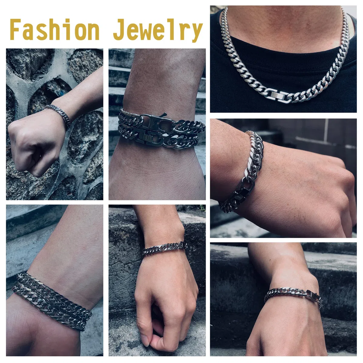 Juego de 3 pulseras de eslabones cubanos, cadena de eslabones cubanos de acero inoxidable 316L resistente para hombre, 8 mm, 7/8/9 pulgadas