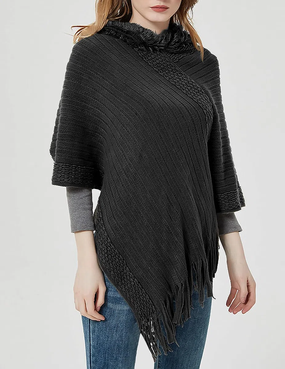 JFAN Poncho Mujer Invierno Otoño Poncho y Capa Punto para Mujer Pompón Gorro Poncho de Punto Flecos Felpa con Capucha