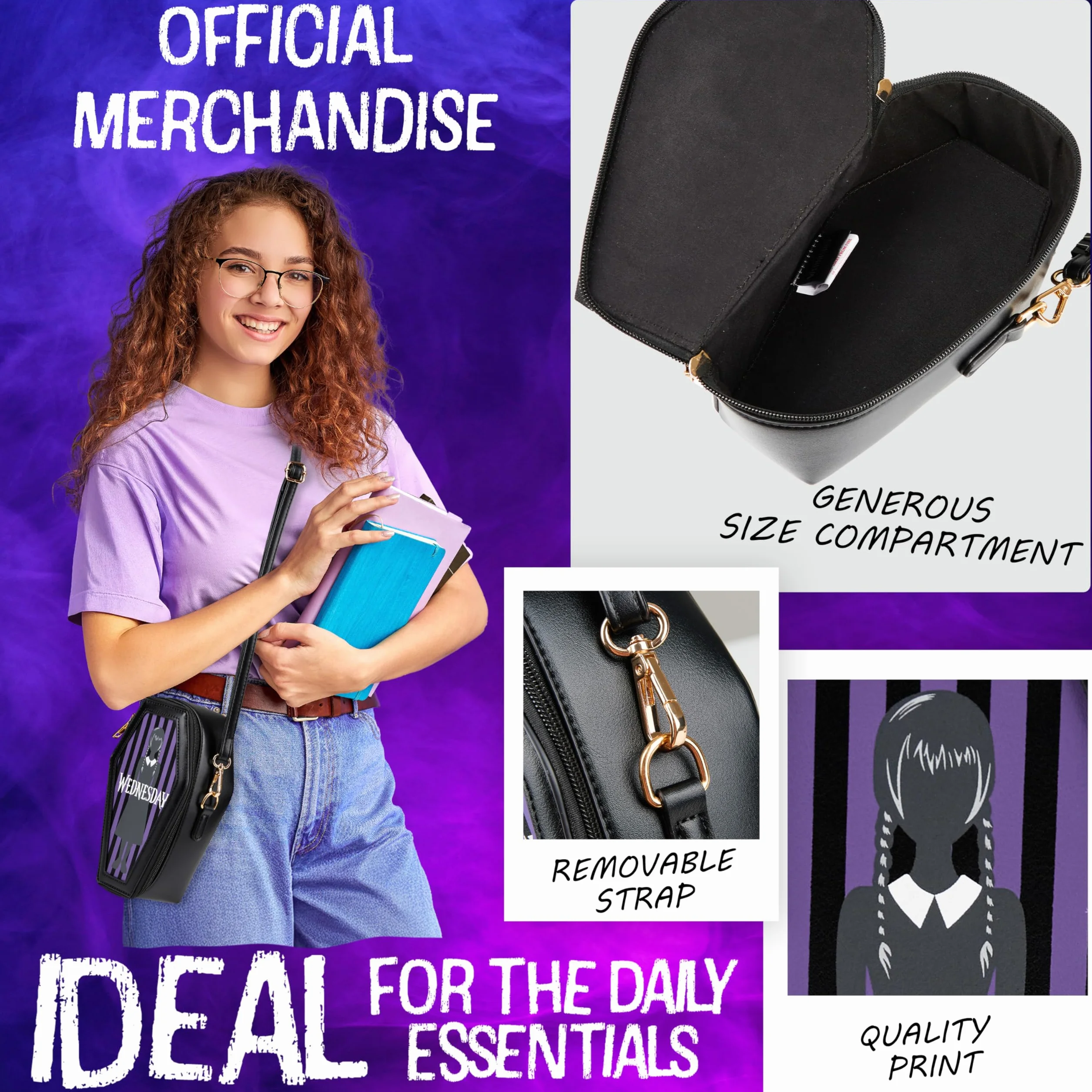 Wednesday Bolso Niña y Adolescente Bolsa Bandolera Gothic Ataúd con Correa Extraíble Viajes Movil Regalos Originales para Niñas