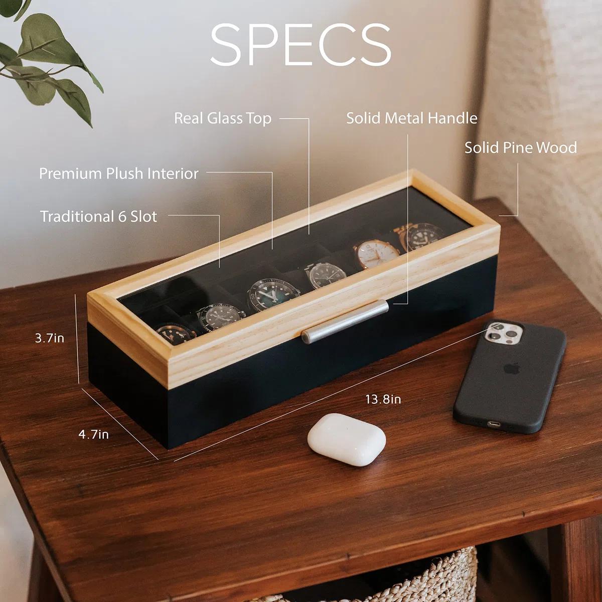 Case Elegance Caja Moderna para Relojes de Dos Tonos Pino y Gris Oscuro con Asa de Aluminio de 6 Ranuras con Vidrio Real | Caja de reloj, mango de aluminio moderno, parte superior de cristal real