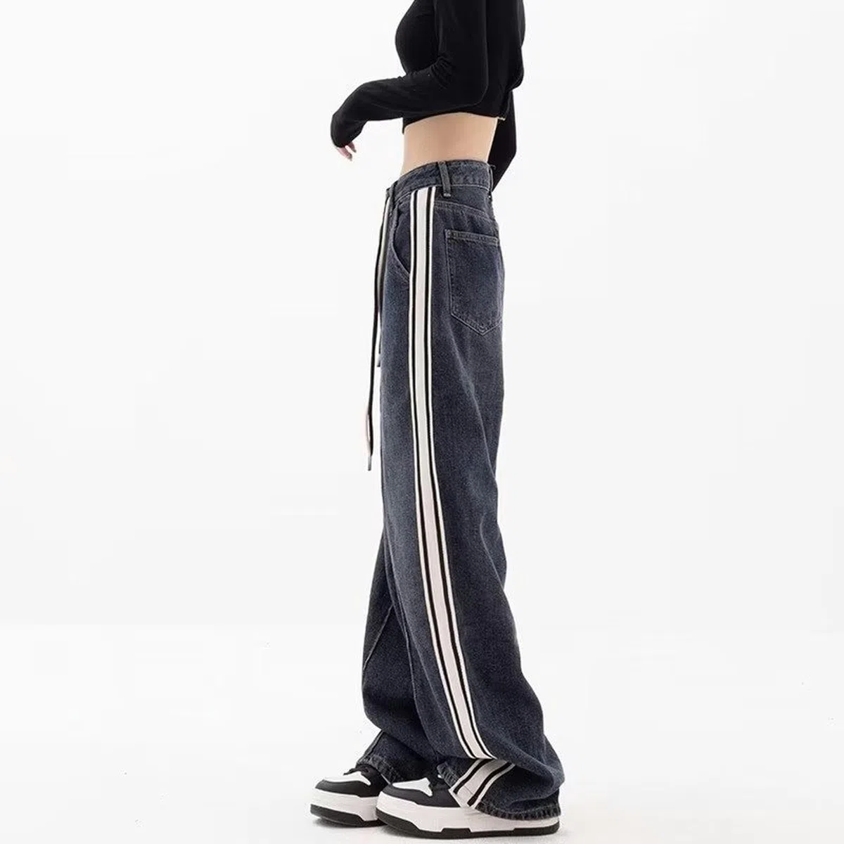 Vaqueros Retro Rectos con cordón de Talla Grande para Mujer en Primavera y Verano para Pantalones Anchos de Pierna Ancha a Rayas, Rectos, Sueltos, Lavados Oscuros, de mm gordos-Azul Gris-M