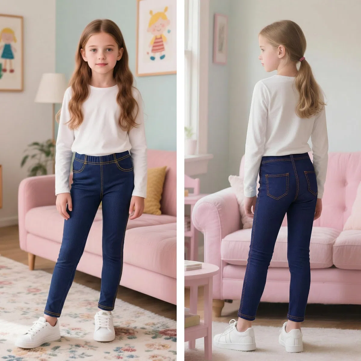 Leggings para Niña, Elásticos Slim Fit Jeggings, Pack de 2, Elásticos Vaqueros Legging, Infantiles Transpirable Cintura Alta Mallas Casual Pantalones Niños Ropa para 6-13 Anos