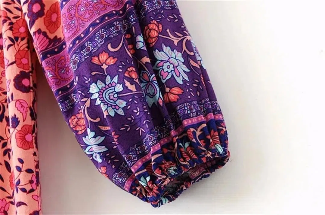 Vestido largo midi de rayón bohemio con estampado floral y cuello en V y manga larga con borlas para mujer