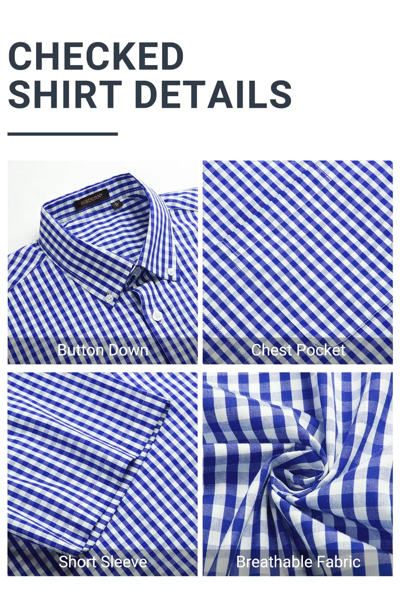 HISDERN Camisa Cuadros Hombre Manga Corta Camisas Verano Hombre Casual Clásica Botones Algodón con Bolsillo Regular Fit