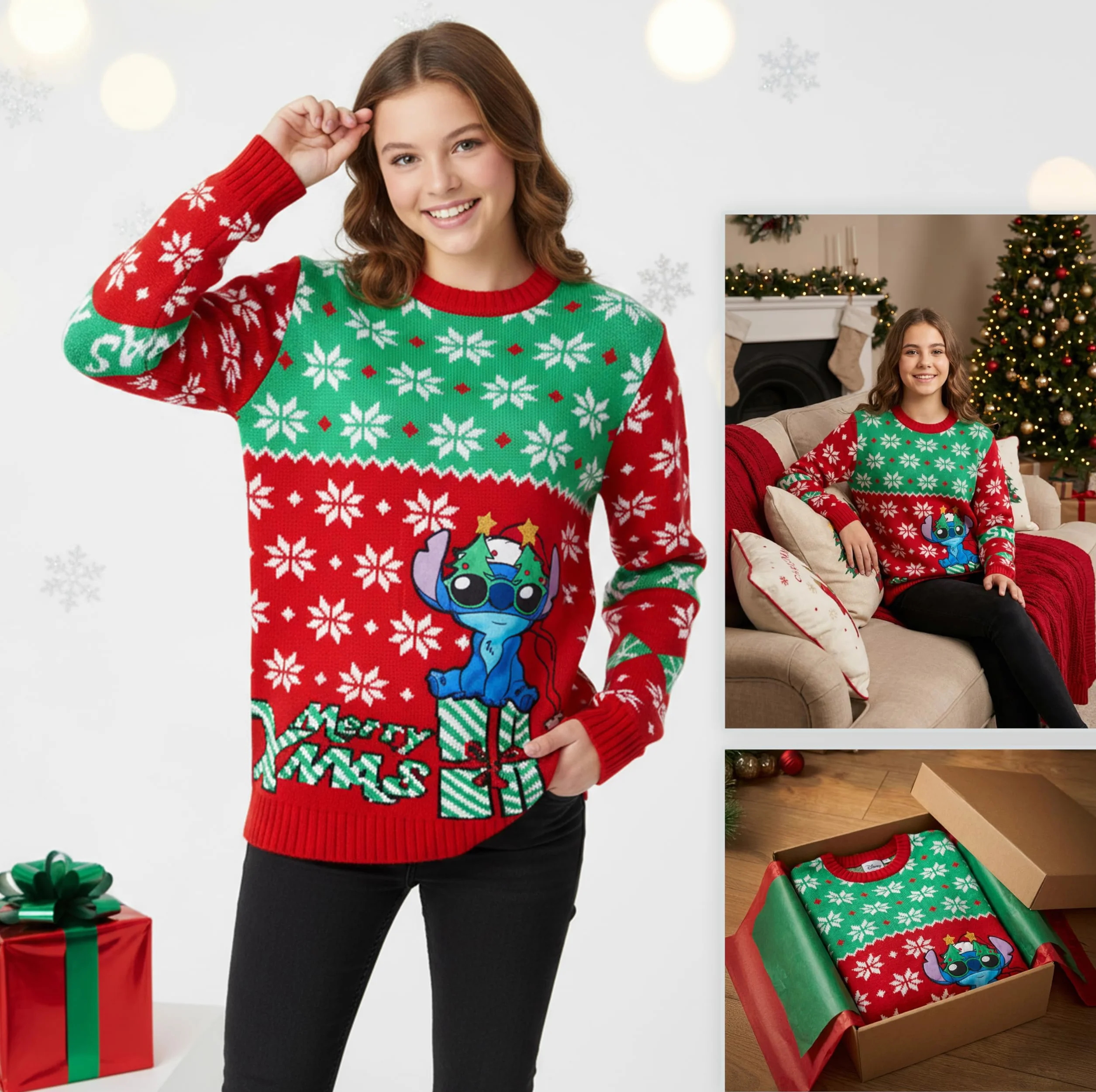 Disney Stitch Jersey de Navidad para Niñas, Suéter con Cuello Redondo