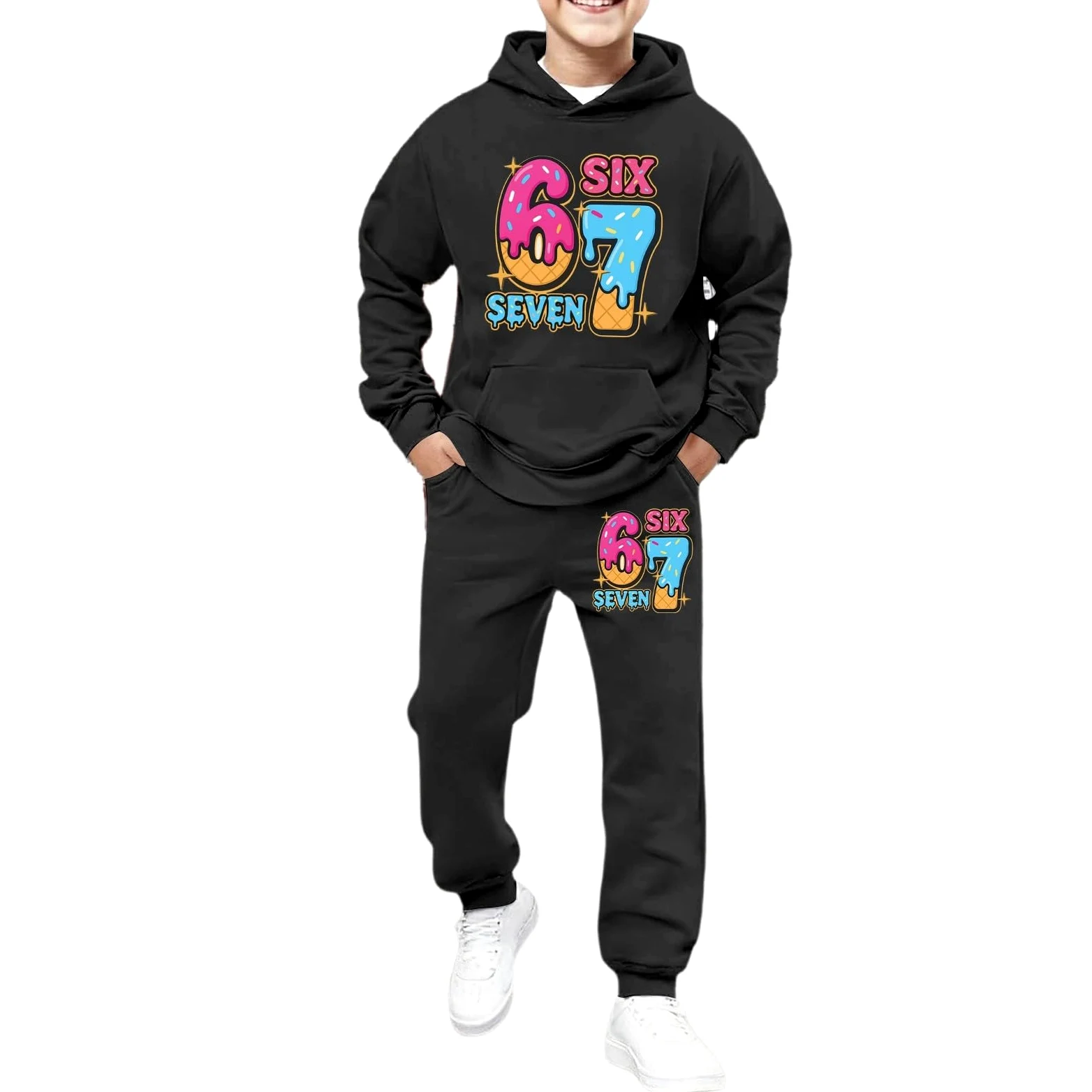 Six Seven - Traje deportivo para niños, unisex, 2 piezas, informal, de dos piezas, sudadera con capucha y pantalón, sudadera de invierno Harajuku de manga larga, chándal deportivo, para niñas y niños