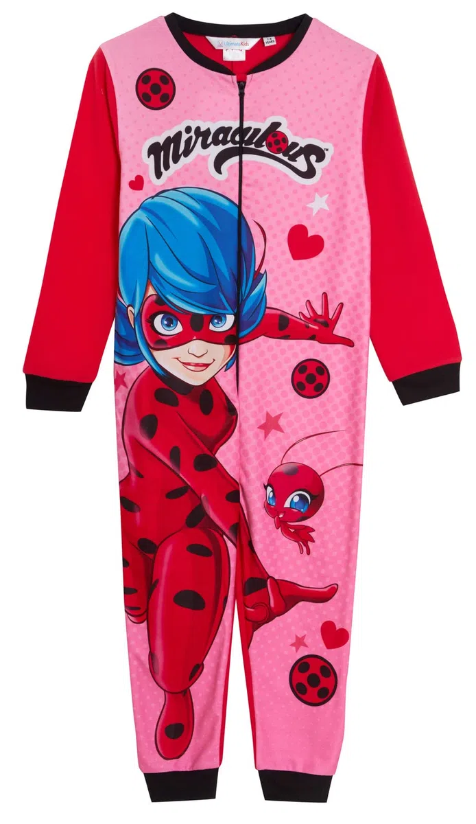 Miraculous Pijama de forro polar todo en uno para niñas, diseño de mariquita con cremallera